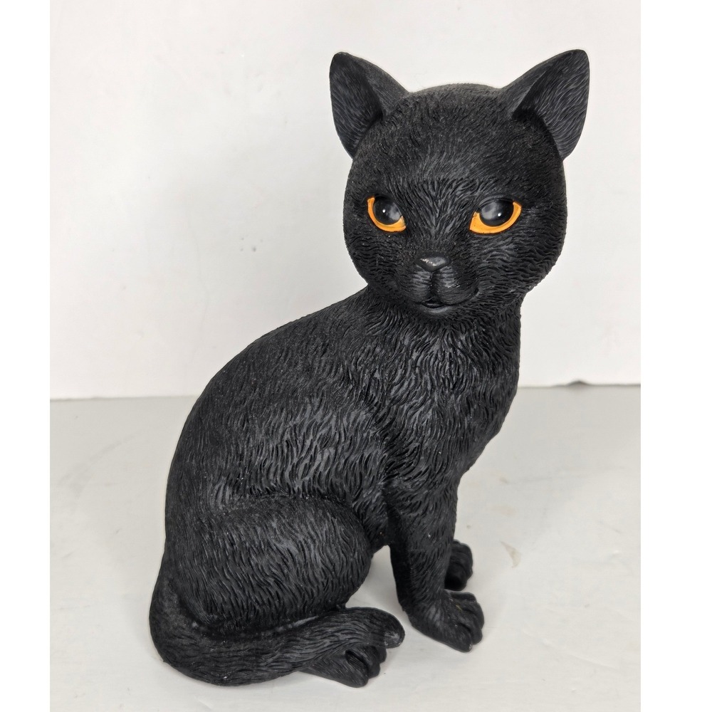 Vintage Style Black Cat Figurine Halloween Decor Orange Eyes Textured Binx